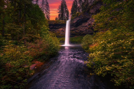 Sunset over South Falls in Silver Falls State Park, Oregonの写真素材