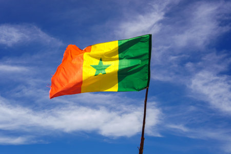 Senegal flag waving in the wind against skyの写真素材