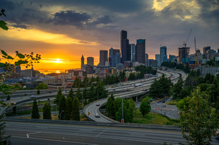 Dramatic sunset over Seattle downtown skyline
