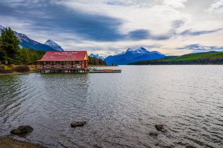 Boat house at Maligne Lake in Jasper National Park, Canadaのeditorial素材
