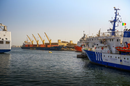 Port of Dakar in Senegal, west Africa, with various ships and cranesのeditorial素材
