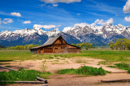Historic T. A. Moulton Barn at Mormon Row in Grand Teton National Park, Wyomingの写真素材