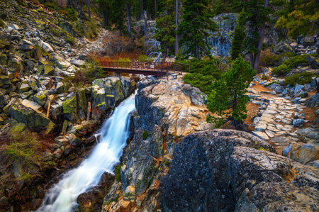 Eagle Falls Bridge over Upper Eagle Falls near Lake Tahoe in California, USAの写真素材