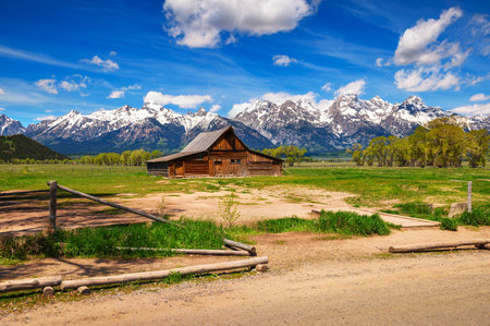Historic T. A. Moulton Barn at Mormon Row in Grand Teton National Park, Wyomingの写真素材