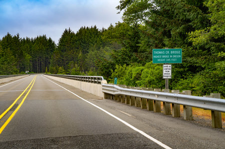Thomas Creek Bridge, the highest bridge in Oregon, with surrounding forestの写真素材