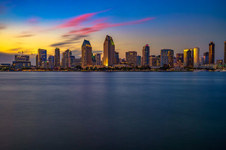 Sunset over San Diego skyline in Californiaの写真素材