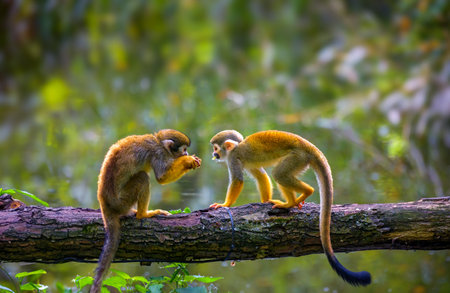 Common squirrel monkeys interact on a tree branch over food