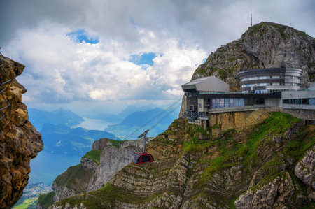 Mount Pilatus in Switzerland with a modern cable car stationの写真素材