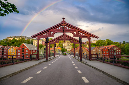 Historic Old Town Bridge or Gamle Bybro Bridge in Trondheim, Norwayの写真素材