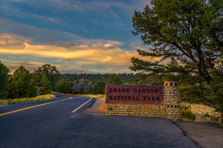 Welcome sign to Grand Canyon National Park at sunsetの写真素材