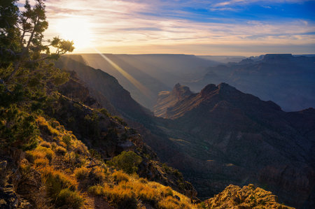Grand Canyon at sunset viewed from Desert View Watchtowerの写真素材