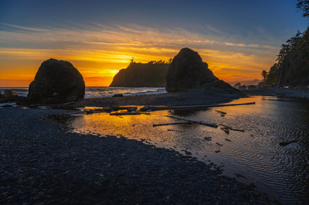 Colorful sunset at Ruby Beach in Olympic National Park, Washington stateの写真素材