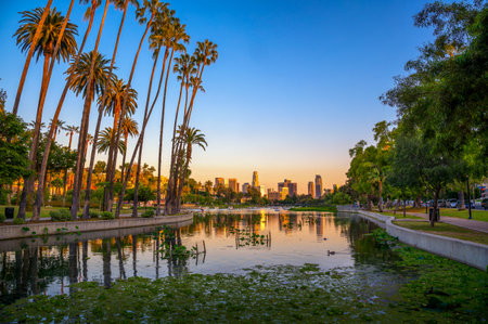 Skyline of Los Angeles downtown in California during sunset from Echo Lake Parkの写真素材