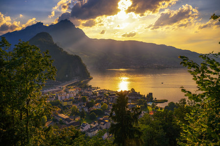 Sunset above Stansstad and Lake Lucerne in Canton of Nidwalden, Switzerlandの写真素材