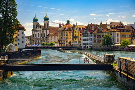 Historic Buildings along the Reuss River in Lucerne, Switzerlandの写真素材