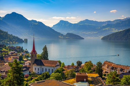 Weggis Village Overlooking Lake Lucerne and Swiss Alpsの写真素材