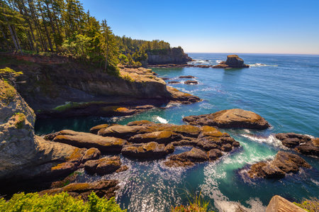 Coastal cliffs and rocky shoreline at Cape Flattery, Washington Stateの写真素材