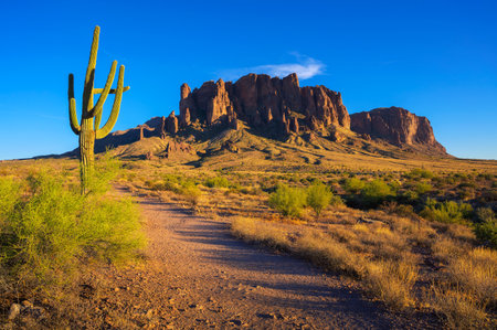 Sunset at Superstition Mountains, Lost Dutchman State Park, Arizonaの写真素材