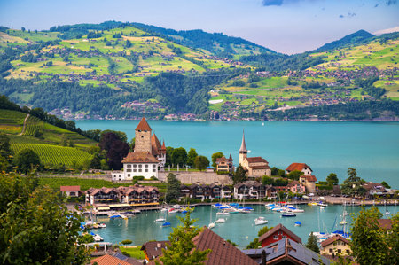 Spiez Castle and Village Overlooking Thun Lake, Switzerlandの写真素材