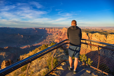 Tourist Viewing Grand Canyon from Navajo Point Overlook during golden hour, featuring vibrant canyon walls and the Colorado River winding through the landscape.の写真素材