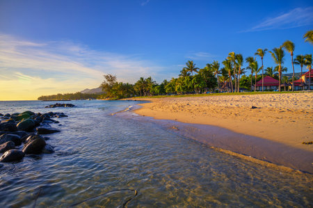 Scenic view of Bel Ombre beach in southern Mauritius with villas, palm trees and sunset light.の写真素材