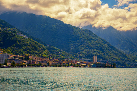Montreux, Switzerland, with Swiss Alps in the background. Montreux is a traditional Swiss resort town on the shores of Lake Geneva.の写真素材