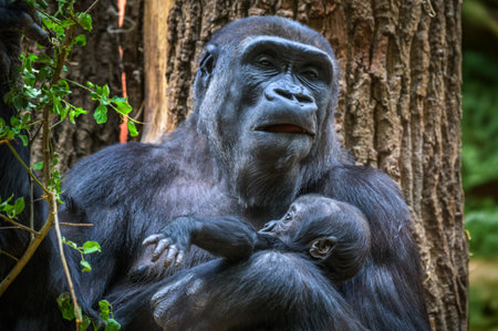 Adult gorilla gently holding its baby close while sitting near a tree.の写真素材