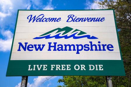 Seabruck, New Hampshire, USA - June 05, 2025 : Detailed view of the New Hampshire welcome sign featuring the state motto Live Free or Die.のeditorial素材