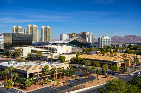 Las Vegas, Nevada, USA - November 10, 2023 : Aerial view of Las Vegas Convention Center West Hall with surrounding city buildings and hotels including Westgate and Marriott.のeditorial素材
