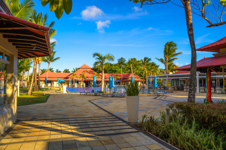 Bel Ombre, Mauritius - February 24, 2025 : Pool, bar and restaurant at Tamassa Bel Ombre luxury resort on the south coast of Mauritius.のeditorial素材