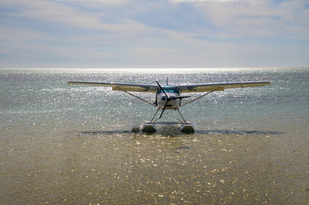 Front view of a single-engine seaplane floating on clear sea water near a beach in Mauritius,...