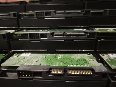 Close-up of a hard disk drive in a data center.