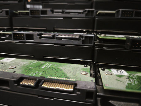 Close-up of a group of hard drive in a data center