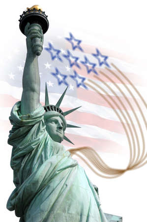 Statue of Liberty on Island in New York with flagの写真素材