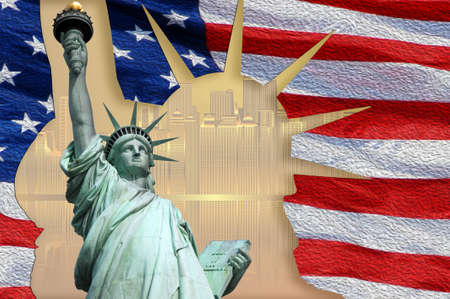 Statue of Liberty on Island in New York with flagの写真素材