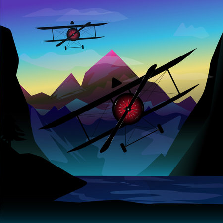 Airplane on the background of mountains and lake. vector illustration.のイラスト素材