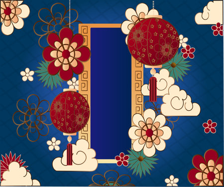 background with lanterns and clouds. vector illustration.のイラスト素材