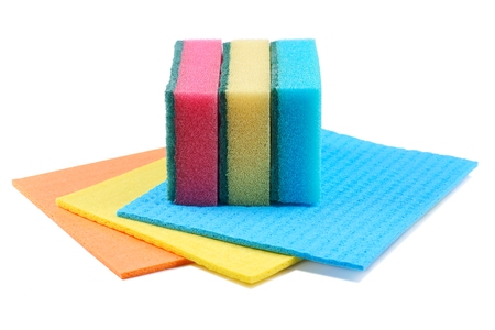 Cleaning equipment, sponge, cloths on a white backgroundの写真素材