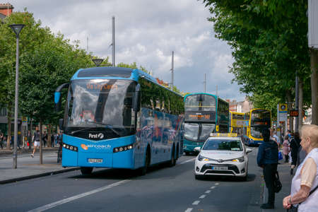 Dublin; Ireland - JULY 29; 2019: Public transport buses and taxi on famous O'Connell sreet in Dublin...