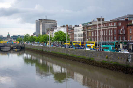 Dublin,Ireland - JULY 30, 2019: Heavy traffic along River Liffy Banks in Dublin city center