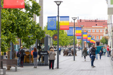 CLuj-Napoca, Romania  - May 28 2020: People Walking on Cluj City Center streets.のeditorial素材