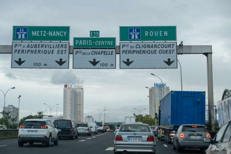 Paris, France- October 06, 2020 : Preselection lanes near Paris with heavy traffic.