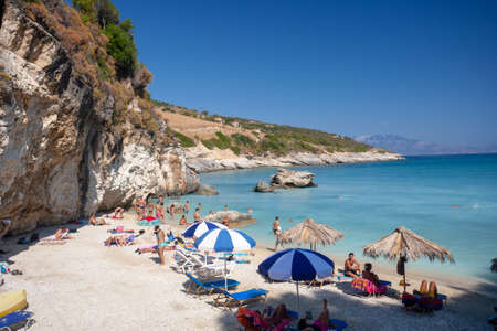 Zakynthos, Greece - September , 2013: Beautiful  Xigia beach well known for colagen water springs.のeditorial素材