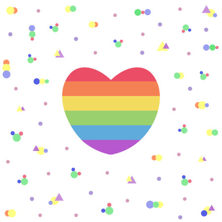 In the background image, there are six colored hearts consisting of red, orange, yellow, green, blue and purple, surrounded by multicolored circles and triangles.のイラスト素材