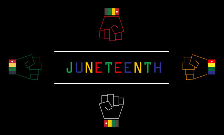 In picture have four hands, red, black, yellow, green, blue and brown on the wrist and with colorful captions  and black background.のイラスト素材