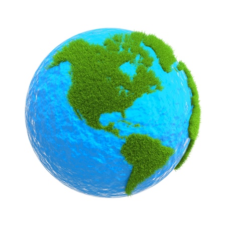 globe isolated on white background with green grass of the continentsの写真素材