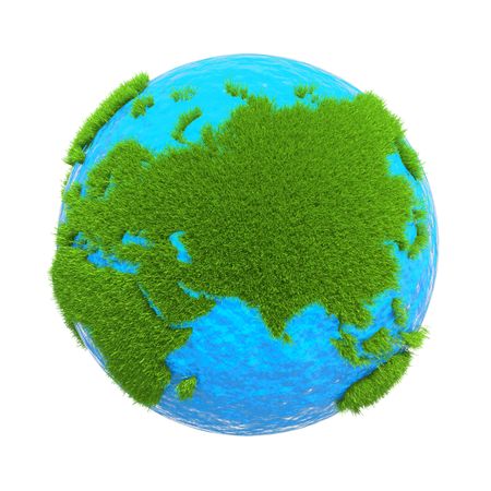 earth located on it with the mainland from the green grass isolated on white backgroundの写真素材