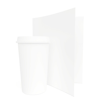 Paper cup and a white sheet of paperの写真素材