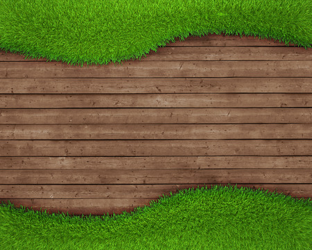 spring green grass over wood background  realistic 3d renderの写真素材