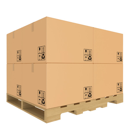 Cardboard boxes on pallet  Isolated on white background の写真素材